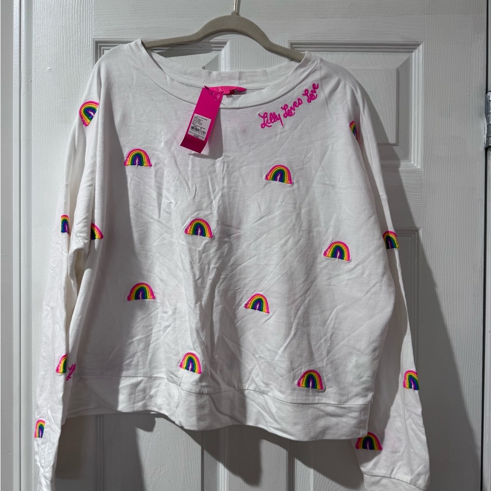 Lilly Pulitzer White Sweatshirt with Multicolor Rainbow Embroidery